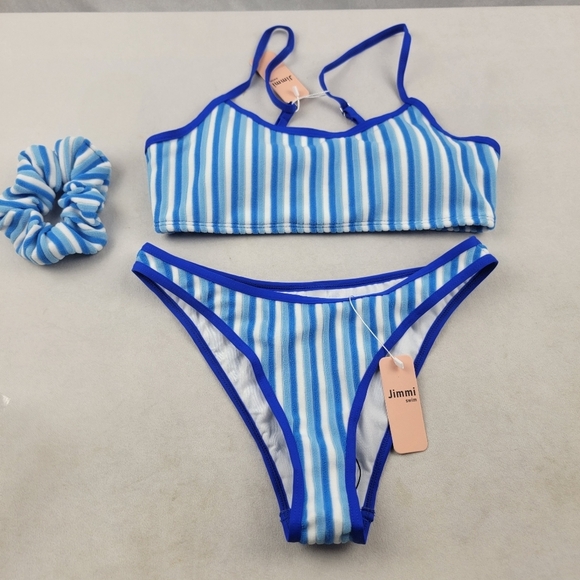 NWT Jimmi Swim Blue Lagoon set striped Terry material cheeky bottoms Size small - Picture 4 of 7